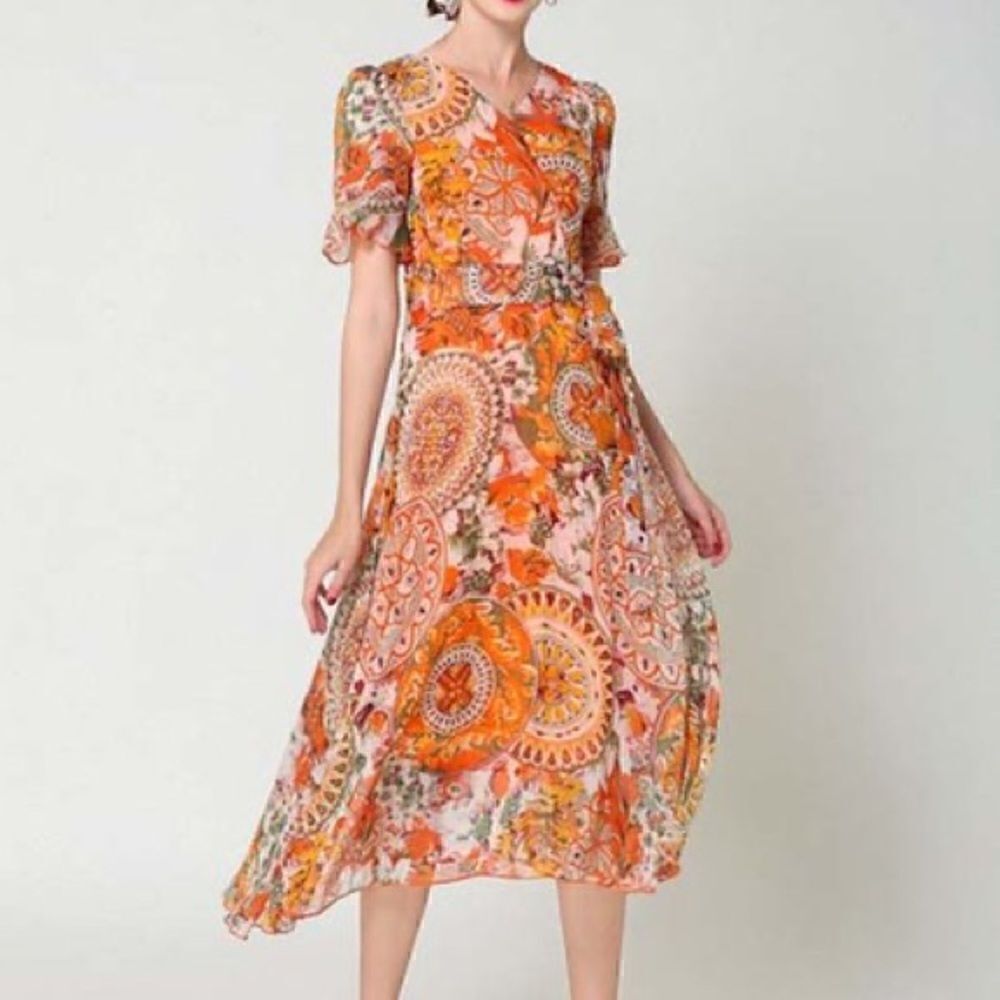 Vicky and Lucas Sz M Orange Paisley Ruffle Side Tie Cottagecore Liberty Dress